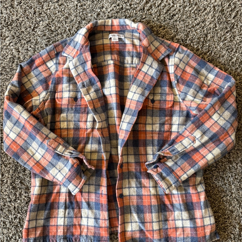 Pendleton Orange Blue Button Down Shirt Notched C… - image 1